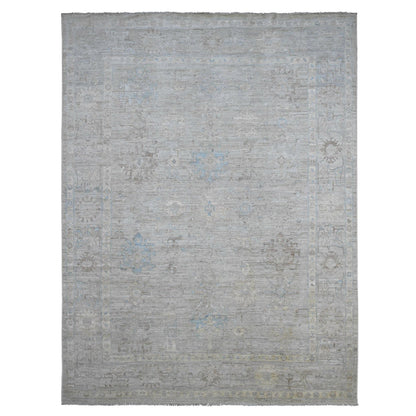 9'X11'10" Gray Afghan Angora Oushak Leaf Design Hand Knotted All Wool Rug