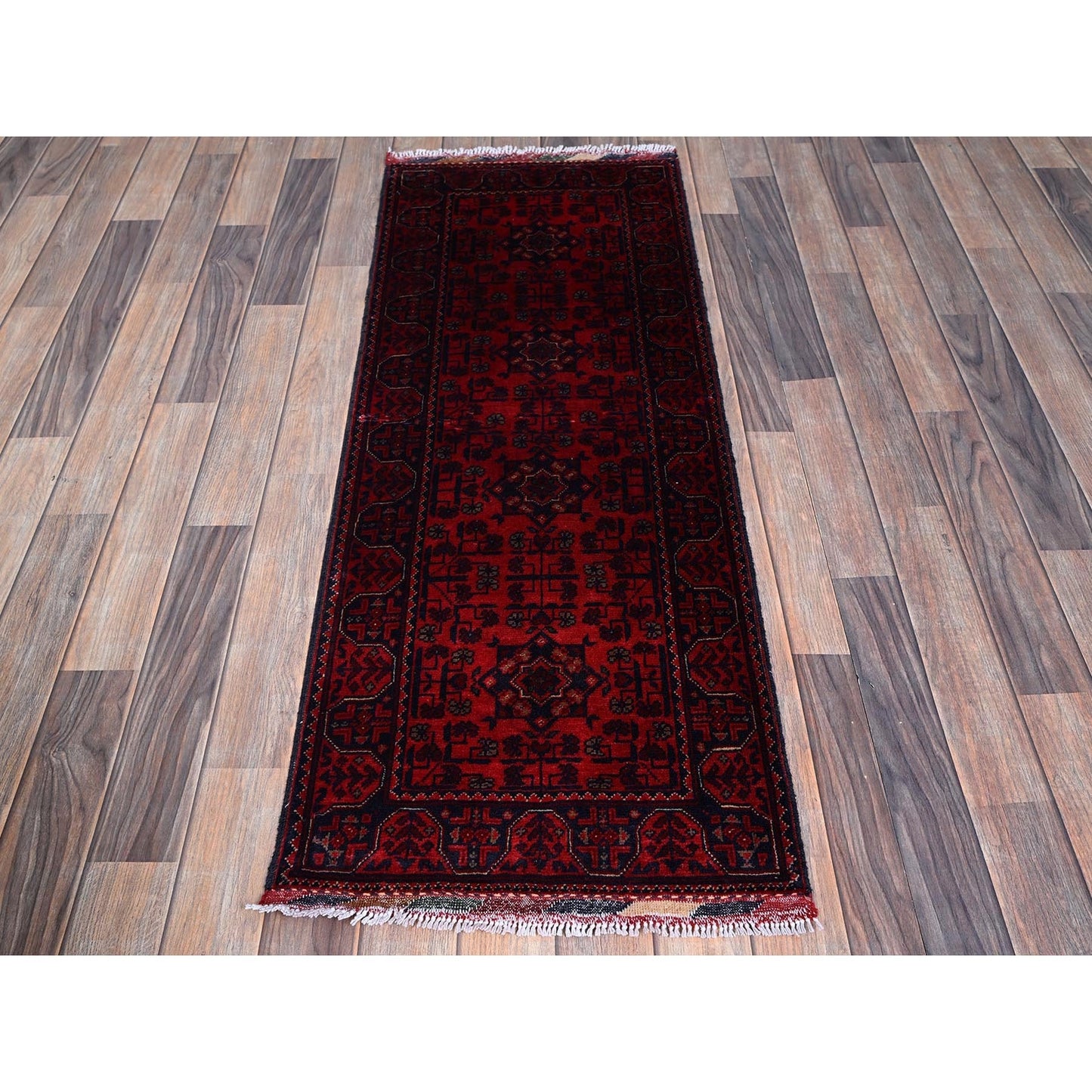 1'9"X4'9" Red Afghan Khamyab Geometric Design Hand Knotted Wool Runner Rug