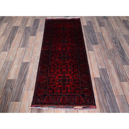 1'9"X4'9" Red Afghan Khamyab Geometric Design Hand Knotted Wool Runner Rug