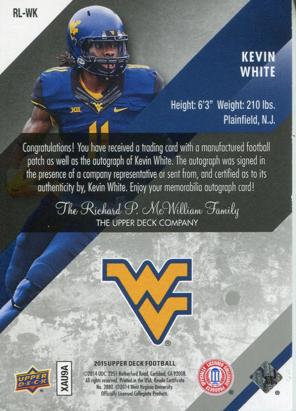 Kevin White Autographed 2015 Upper Deck Rookie Jersey Card