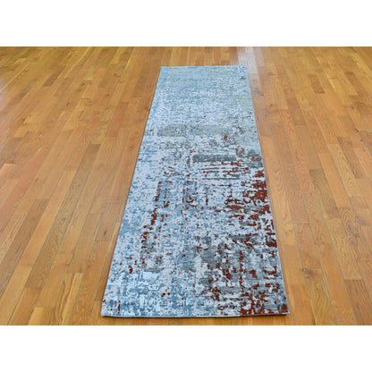 2'6"X10'2" Abstract Design Wool&Silk Denser Weave Hand Knotted Runner Rug