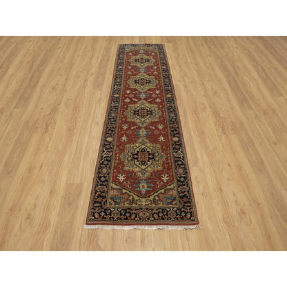 2'8"X10' Chili Red New Zealand Wool Heris Revival Hand Knotted Runner Rug