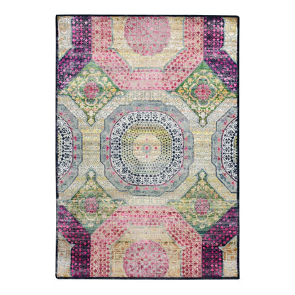 5'1"X7'4" Pink With Yellow Mamluk Design Silk With Wool Hand Knotted Rug