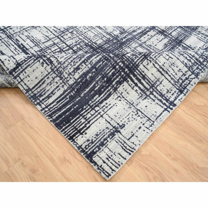 10'X13'9" Black Modern Erased Lines Design Wool And Silk Hand Loomed Rug