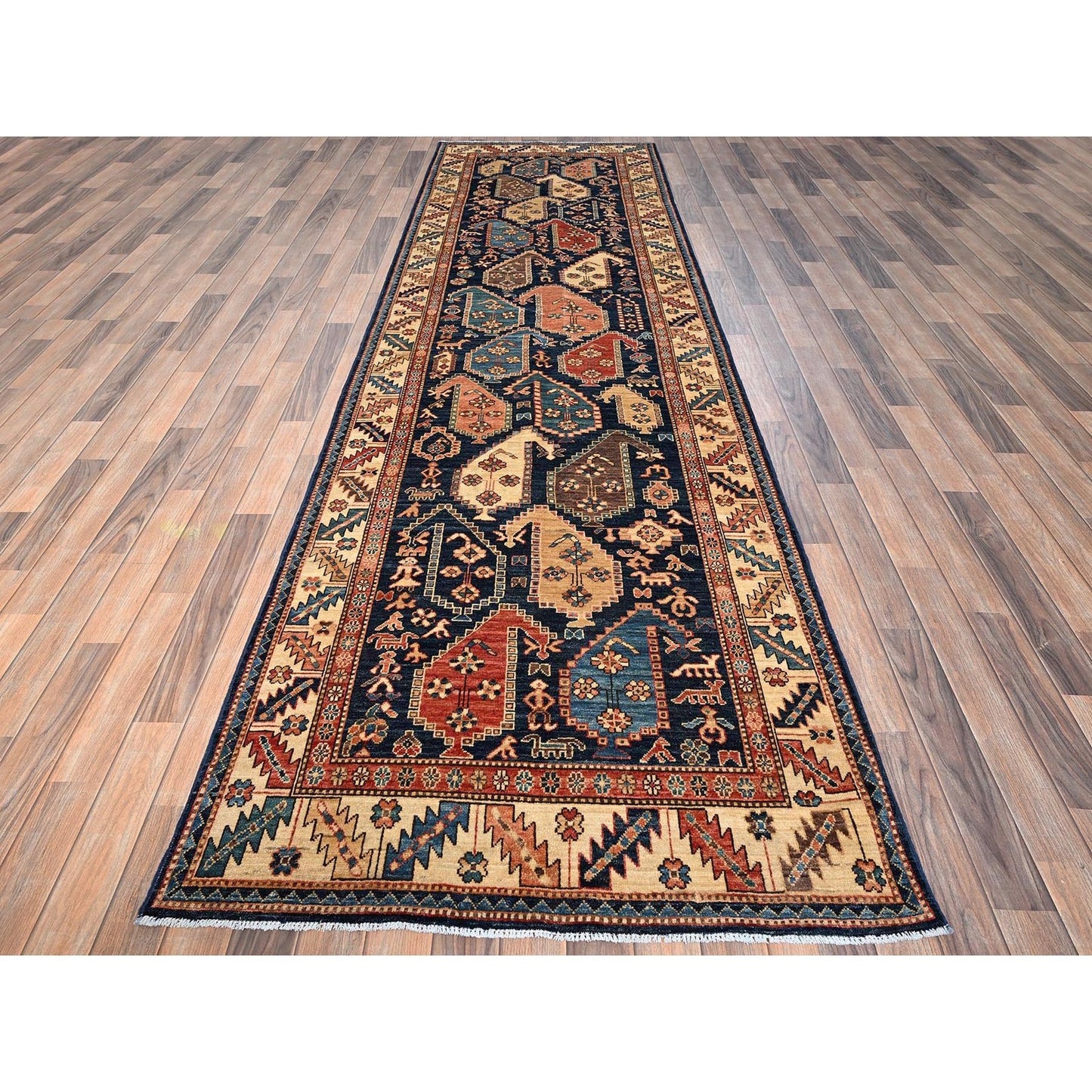 3'10"X13'2" Midnight Blue Northwest Zoroastrian Hand Knotted All Wool Runner