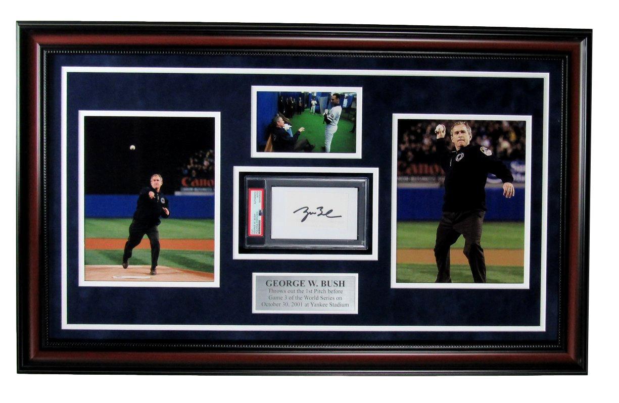 George W. Bush Former President Signed Cut Card W/Photo Collage Framed Psa/Dna