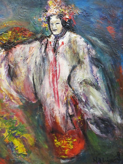 Oil Painting F12 Authentic with Hagoromo COA Noh Tsukigata Takigi Nahiko