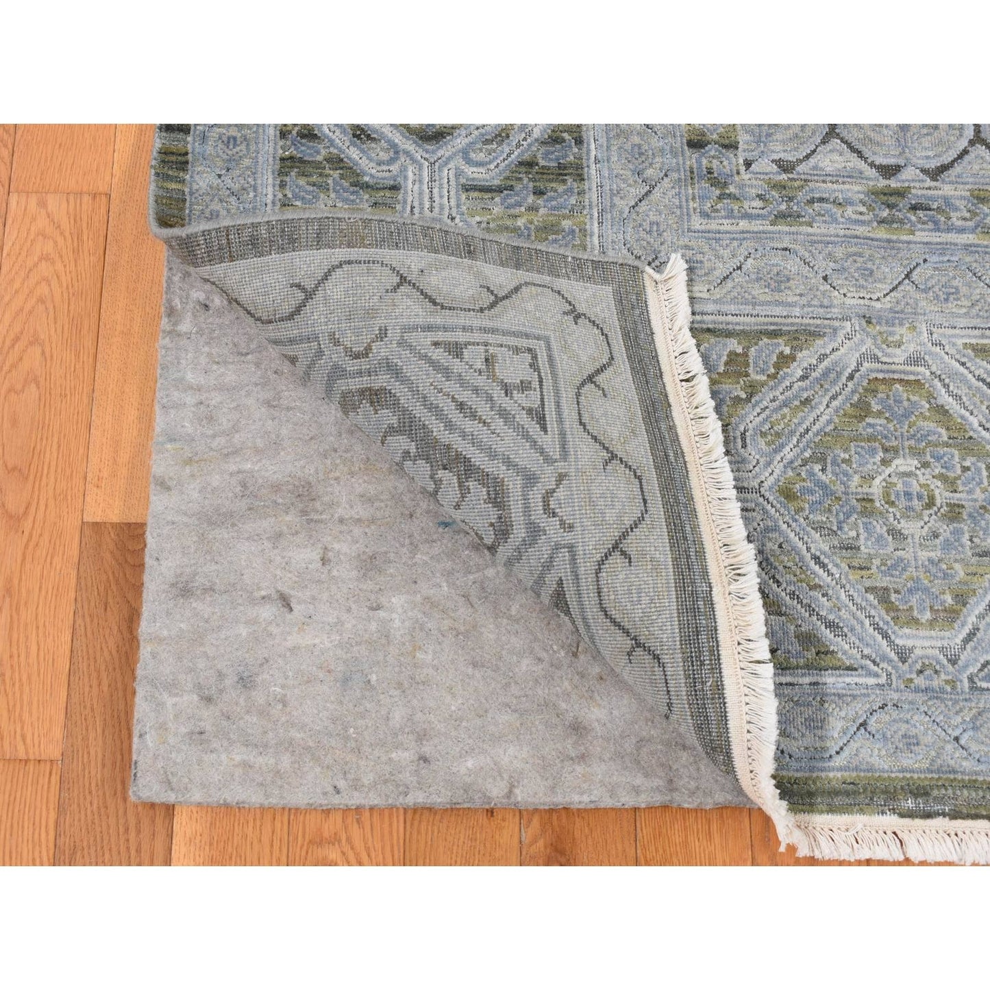 9'X11'7" Cadet Gray Silk With Wool Mamluk Design Hand Knotted Rug