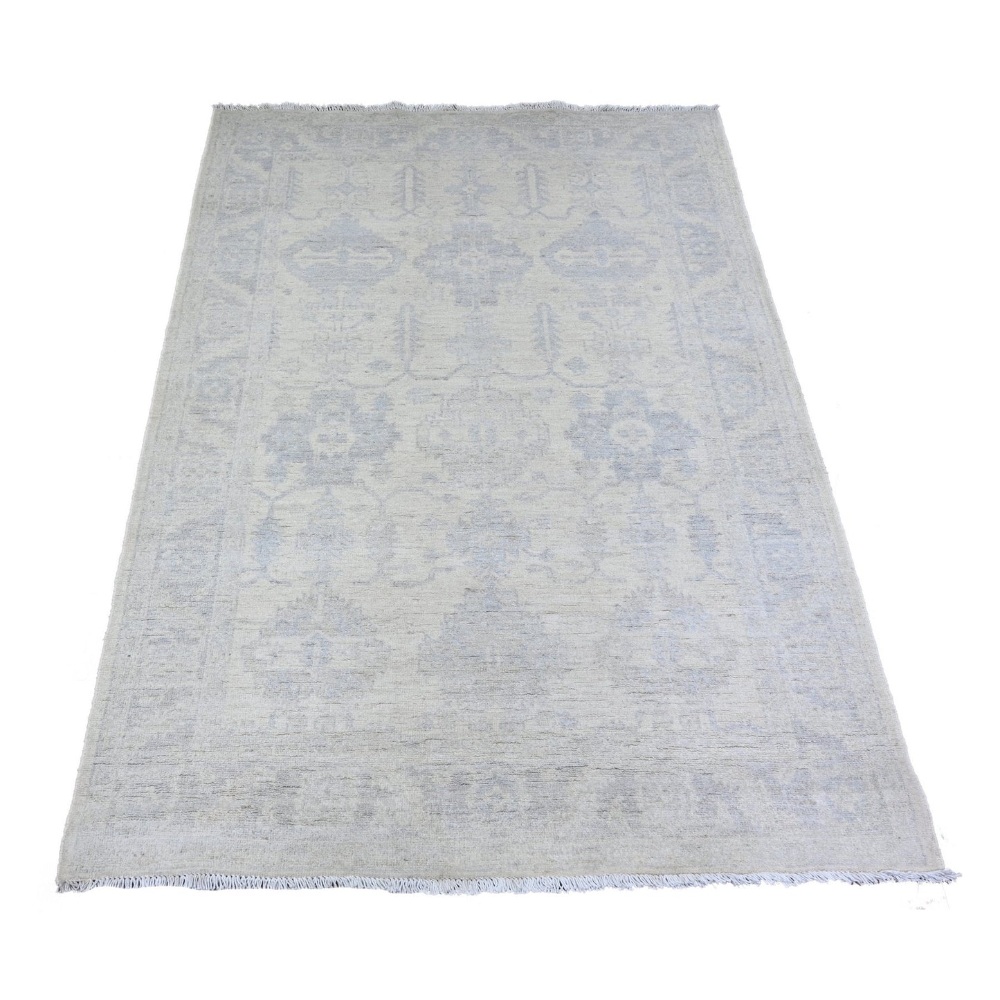 4'1"X5'8" Ivory White Wash Peshawar Faded Colors Wool Hand Knotted Rug