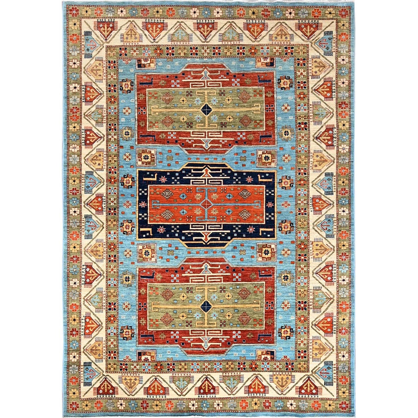 6'X8'6" Maya Blue Armenian Inspired Caucasian Design Wool Hand Knotted Rug