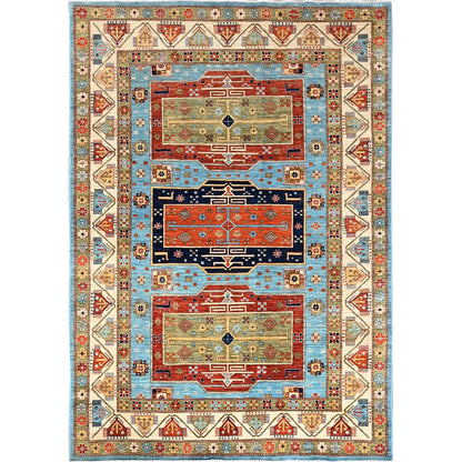 6'X8'6" Maya Blue Armenian Inspired Caucasian Design Wool Hand Knotted Rug