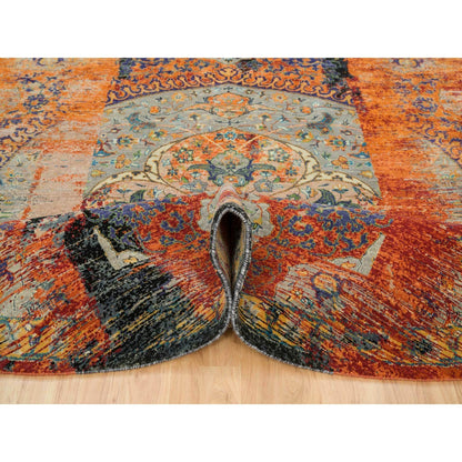 10'X10' Orange Ancient Ottoman Erased Design Wool Hand Knotted Round Rug