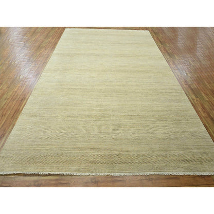 9'1"X12'3" Ecru Brown Modern Grass Design Hand Knotted Wool And Silk Rug