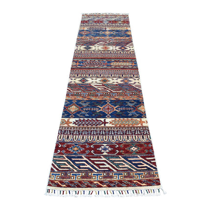 2'4"X9'2" Khorjin Design Super Kazak Tribal Pure Wool Hand Knotted Rug