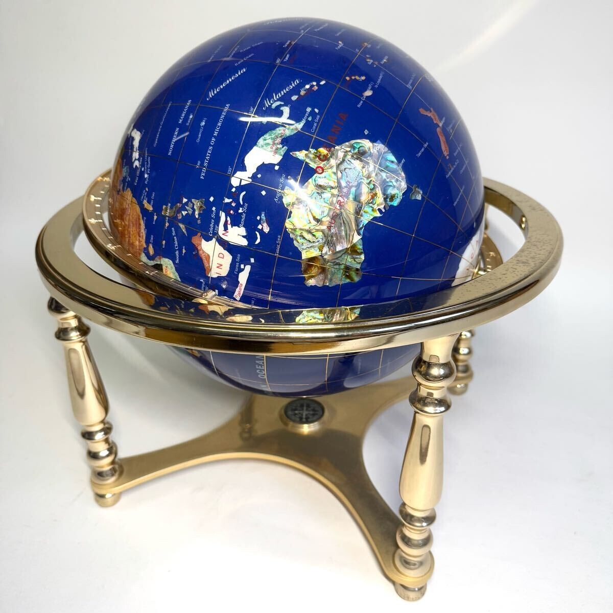 Gemstone Globe Lapis Lazuli Turquoise Inlay Compass Four Legs Power Stone 43Cm