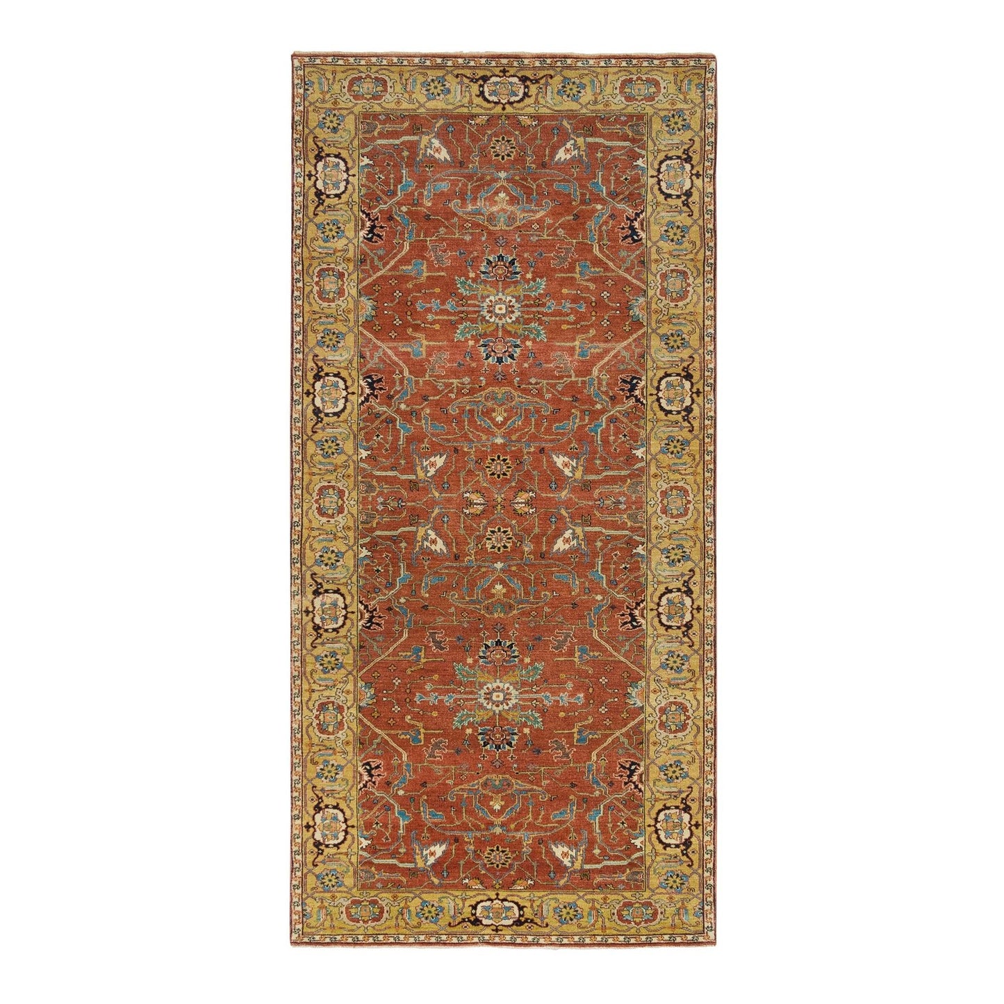 4'X10' Red Heris Re-Creation Hand Knotted Wool Wide Runner Rug