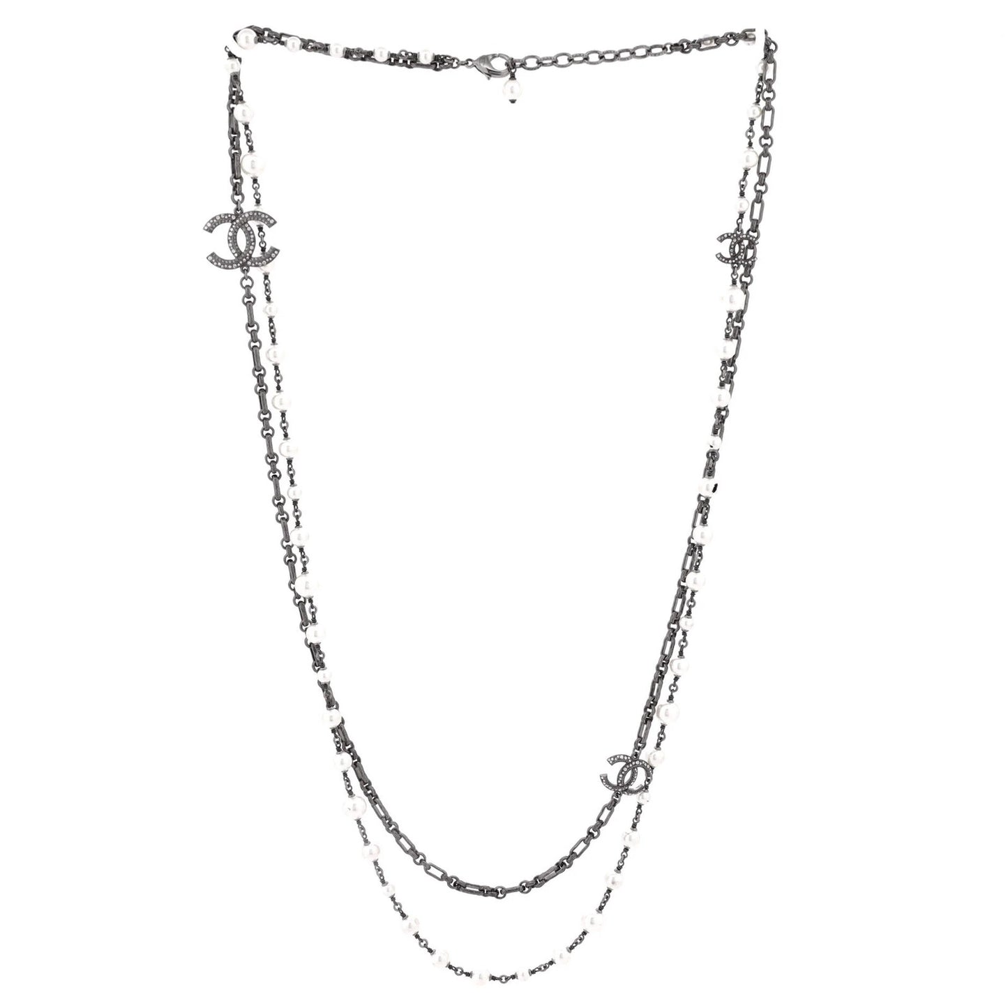 Chanel Cc Station Long Necklace Metal With Faux Pearls And Crystals