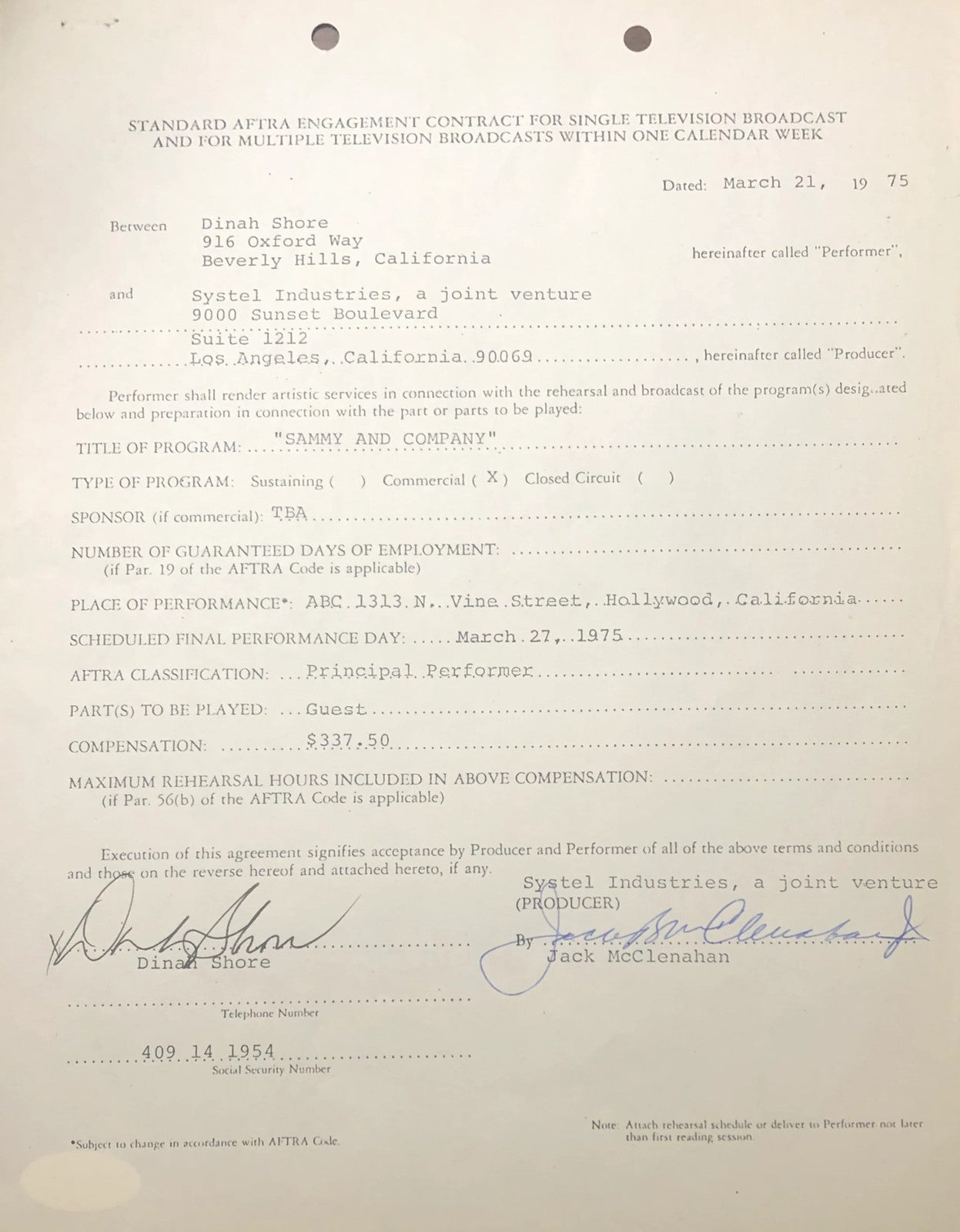 Dinah Shore Autographed Contract (Jsa)