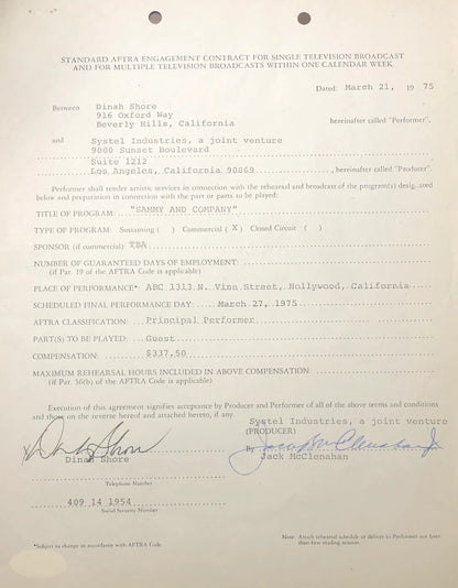 Dinah Shore Autographed Contract (Jsa)