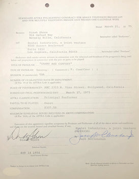Dinah Shore Autographed Contract (Jsa)
