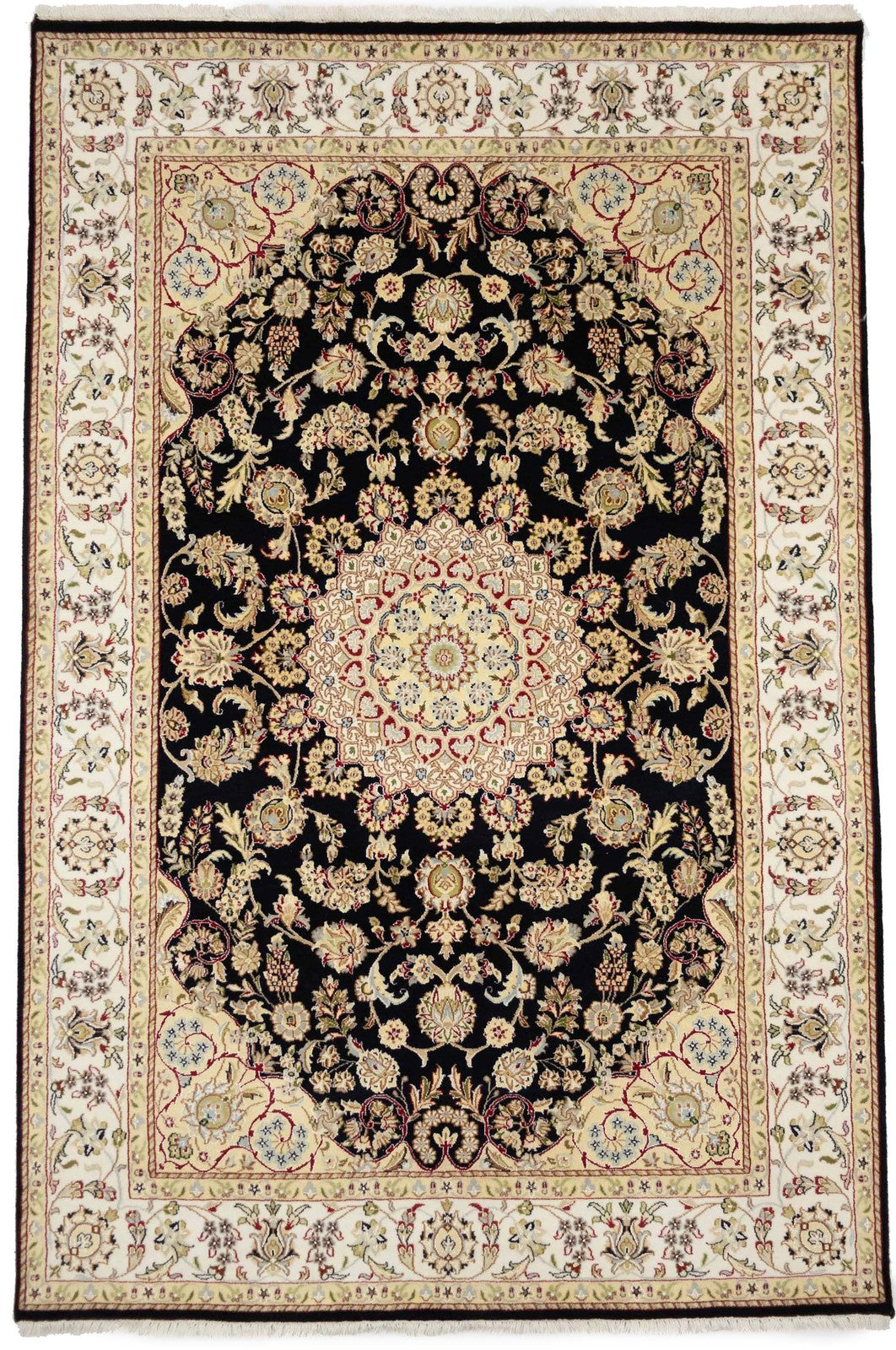 Handmade Black Indo-Nain Wool Rug 6x9 ft Floral Design Oriental Carpet