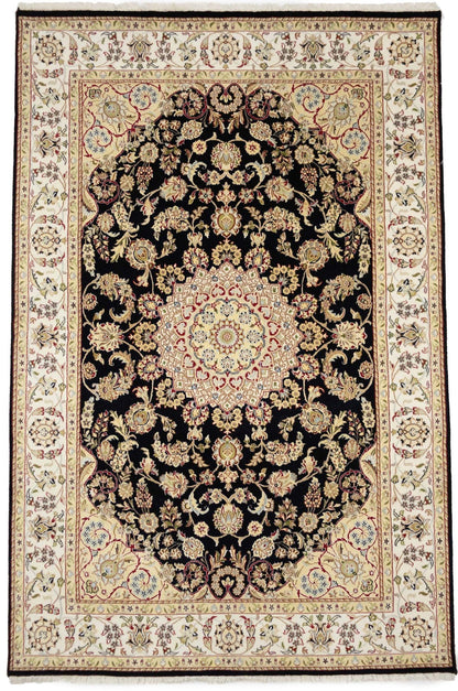 Handmade Black Indo-Nain Wool Rug 6x9 ft Floral Design Oriental Carpet