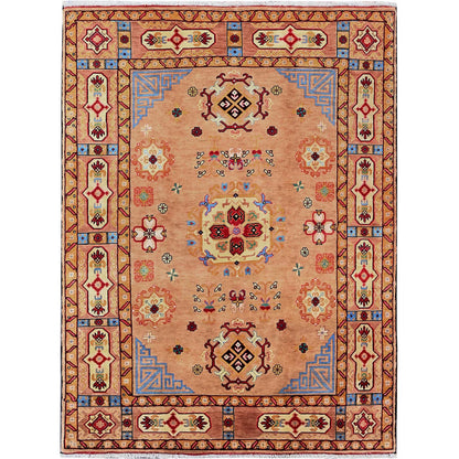 5'X6'10" Brown Afghan Khamyab With Khotan Design Hand Knotted Wool Rug