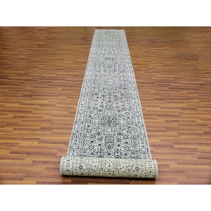 2'10"X18' White Mamluk Dynasty Design Undyed Wool Hand Knotted Runner Rug