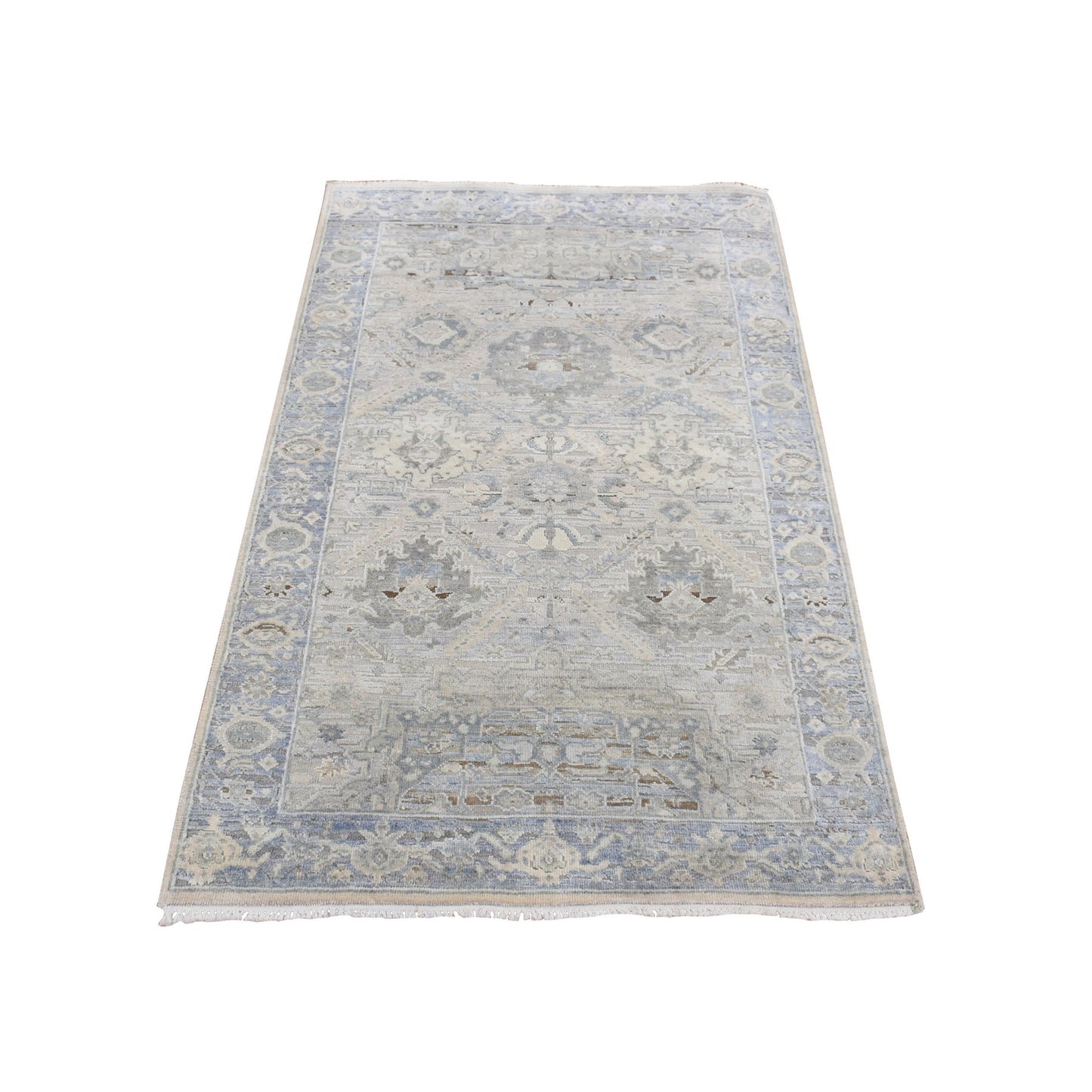 3'X5'3" Blue Silk With Wool Mughal Inspired Design Hand Knotted Rug