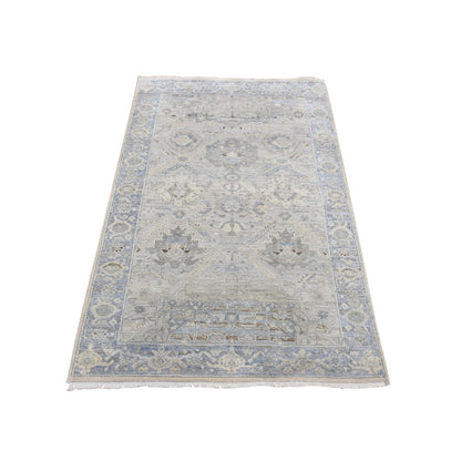 3'X5'3" Blue Silk With Wool Mughal Inspired Design Hand Knotted Rug