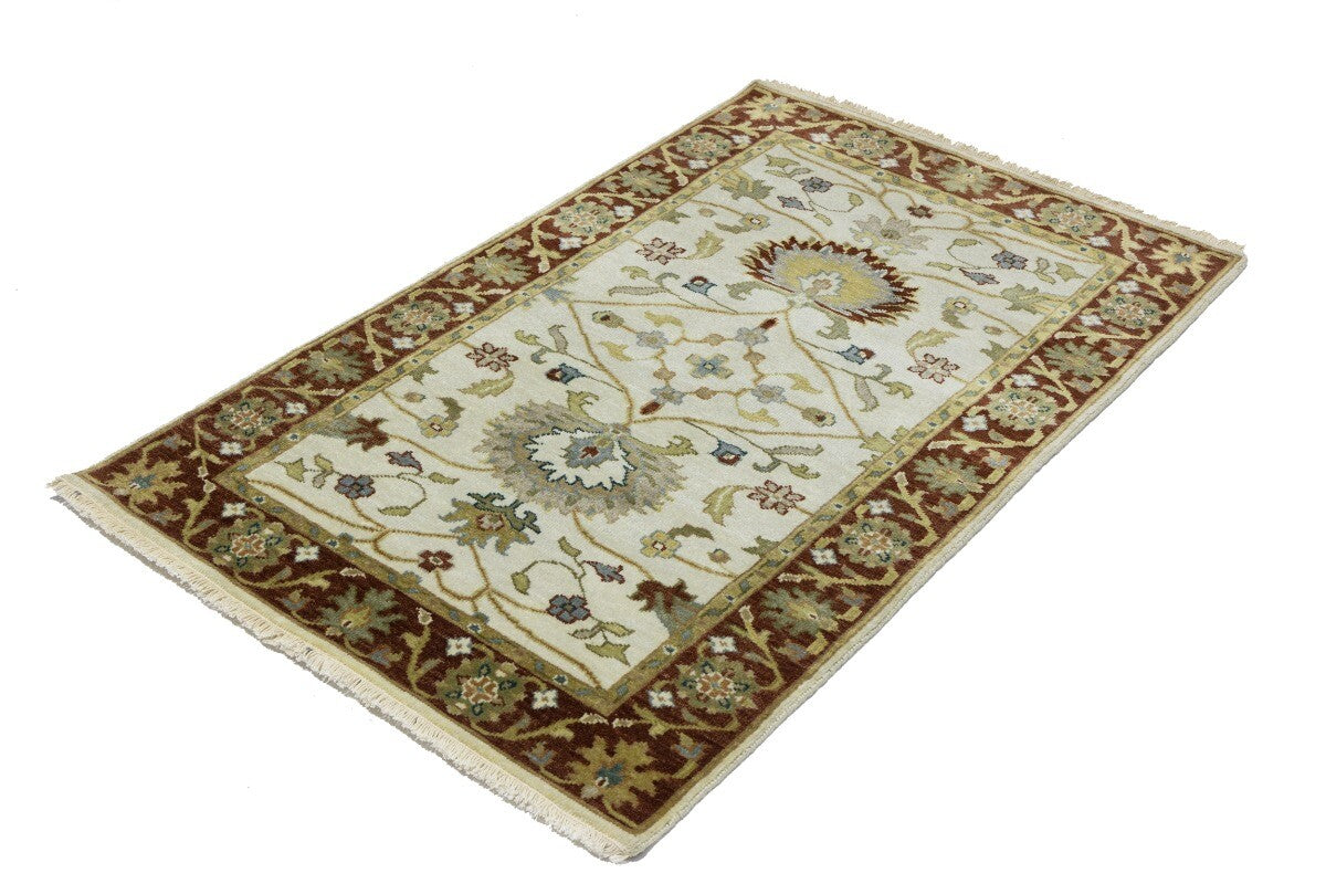 Hand-Knotted Cream Floral Design Osh Chobi Rug