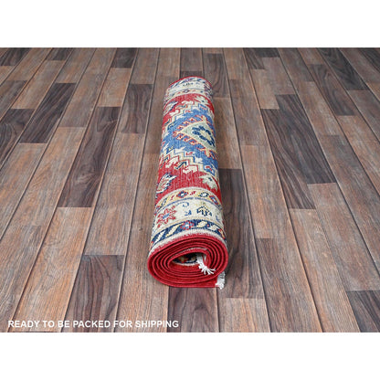 2'9"X6'6" Red Kazak Medallions Design Soft Wool Hand Knotted Runner Rug