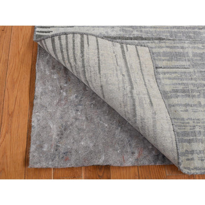 3'X9' Ash Gray Horizontal Ombre Design Pure Silk Hand Knotted Runner Rug
