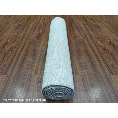 2'8"X9'6" Blue, Hand Knotted Washed Out Peshawar, Soft Wool, Runner Rug