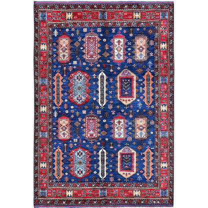6'1"X8'5" Blue Afghan Caucasian Design Revival Hand Knotted Soft Wool Rug