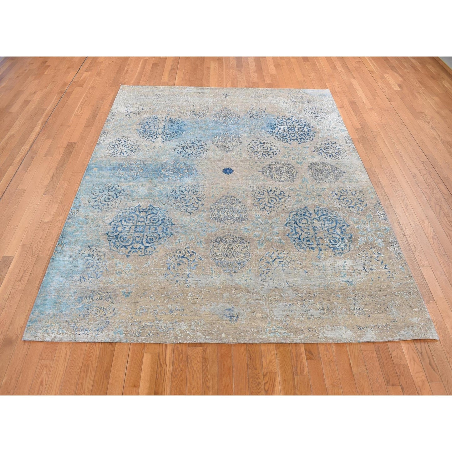 8'1"X9'9" Tan Color Wool And Silk Ottoman Design Hand Knotted Modern Rug