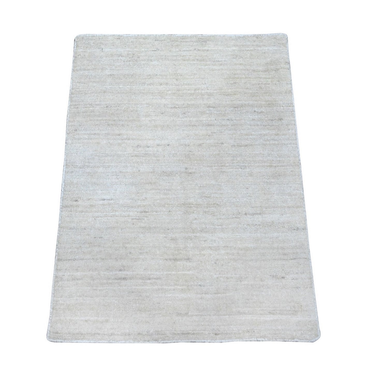 2'1"x3' Pearl White Hand Knotted Single Color Modern Peshawar Wool Rug