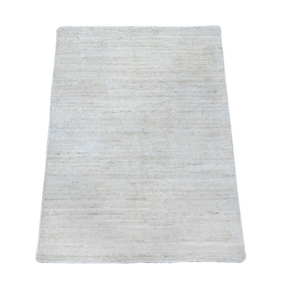 2'1"x3' Pearl White Hand Knotted Single Color Modern Peshawar Wool Rug