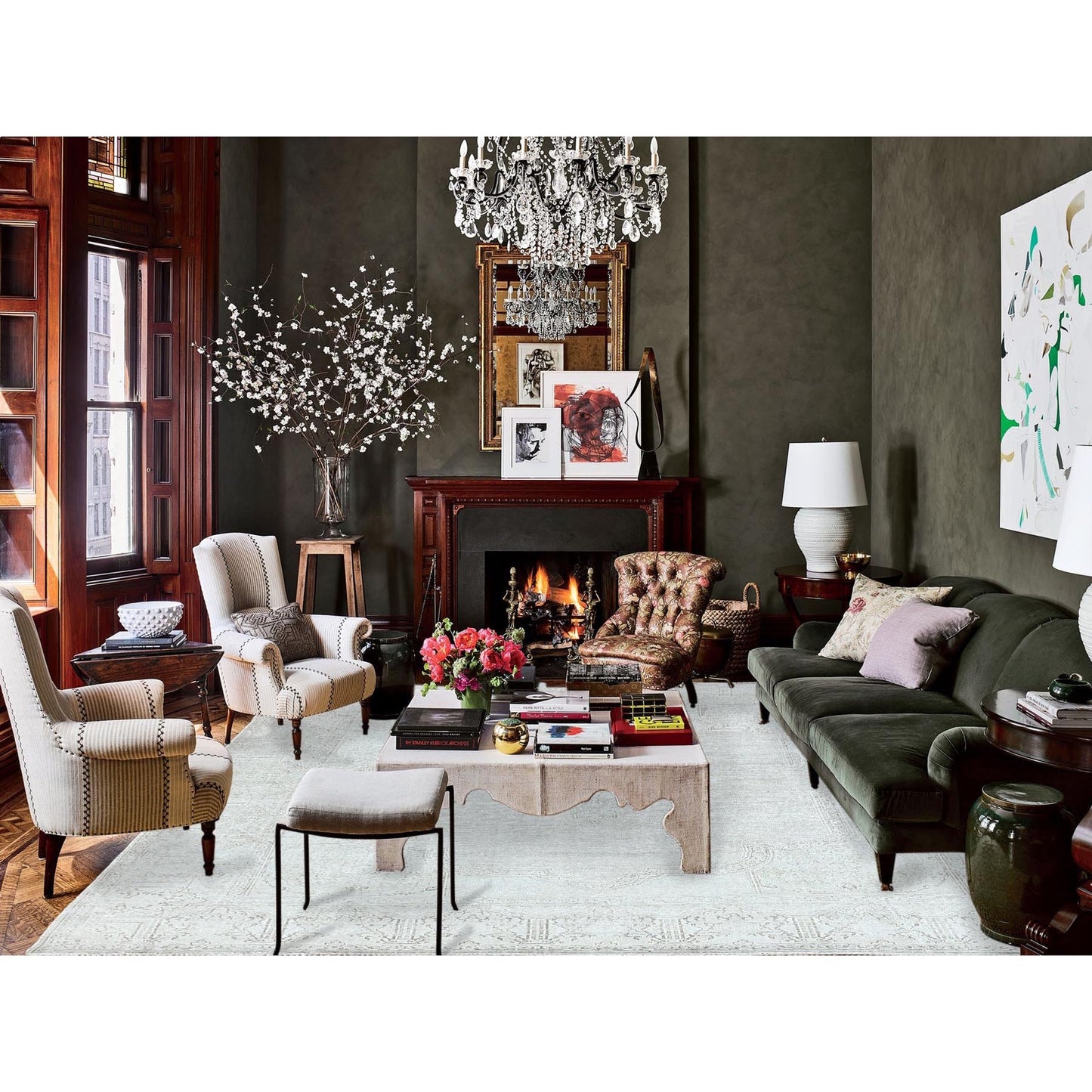 9'6"X12'5" Hand Knotted Ivory Vintage Farsian Karman Worn Wool Rug