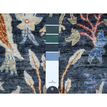 6'X6' Blue Afghan Peshawar Birds Design Hand Knotted Soft Wool Square Rug