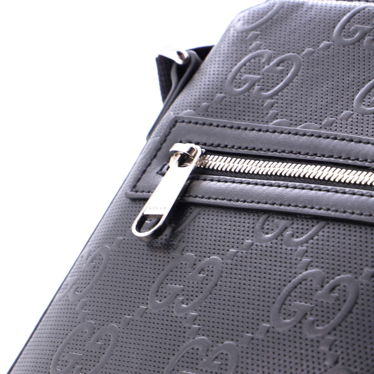 Gucci Front Zip Messenger Gg Embossed Perforated Leather Small