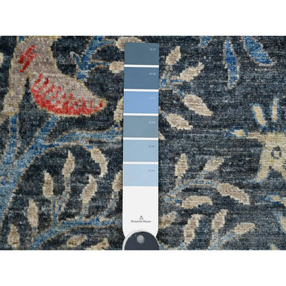 4'X15'8" Blue Hand Knotted Afghan Peshawar Birds Design Wool Runner Rug