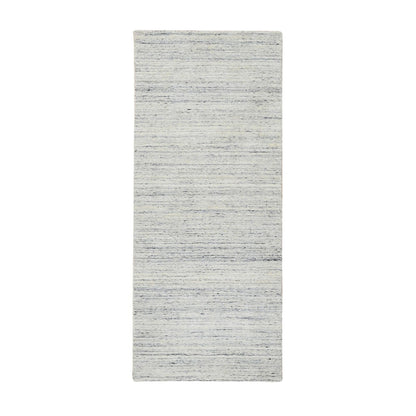 2'6"X6' Ivory Wool Hand Loomed Plain Modern Striae Design Runner Rug