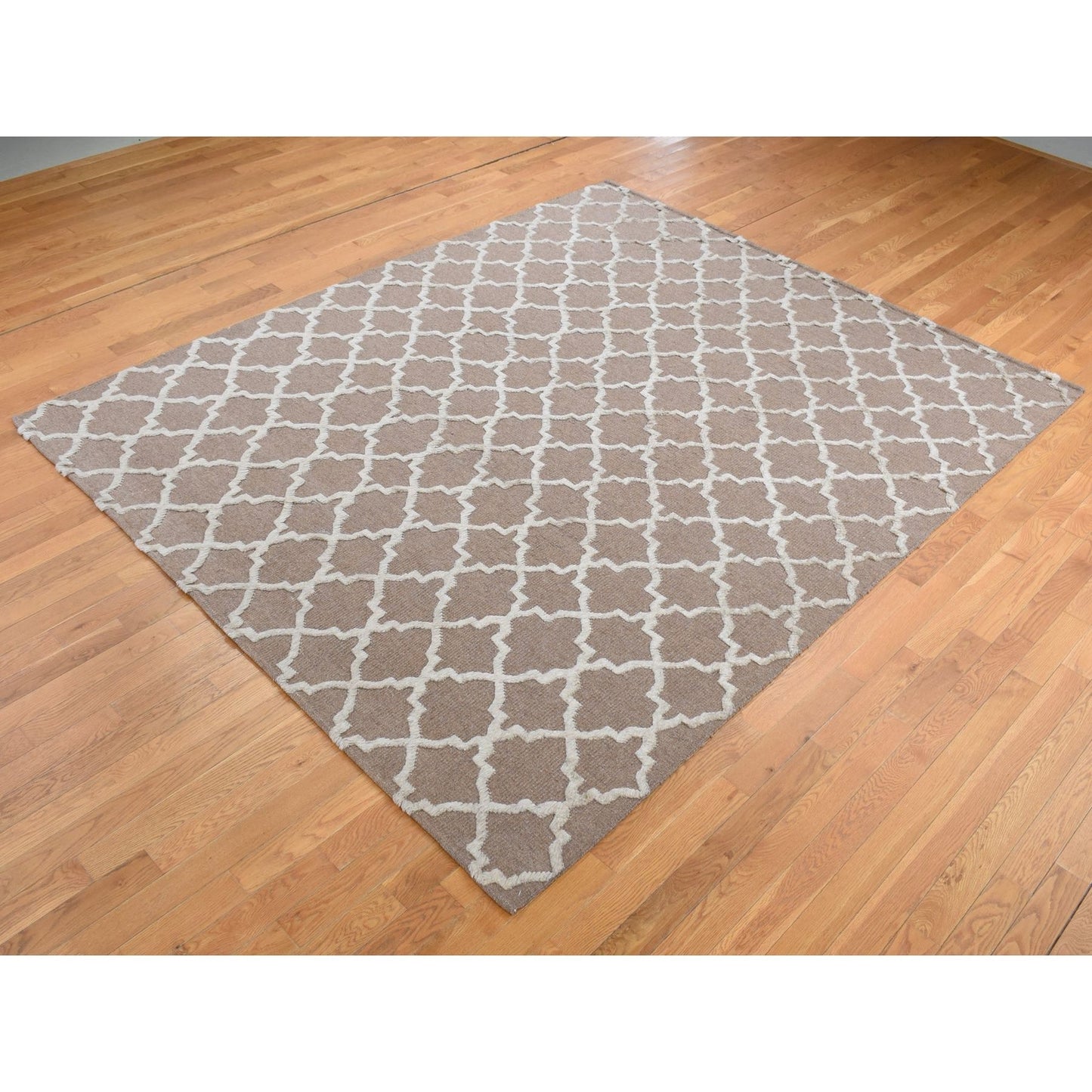 7'10"X9'9" Brown Moroccan Crisscross Design Pure Wool Hand Knotted Rug