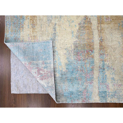 9'X12' Pastel Yellow Abstract Design Wool And Silk Shiny Hand Knotted Rug