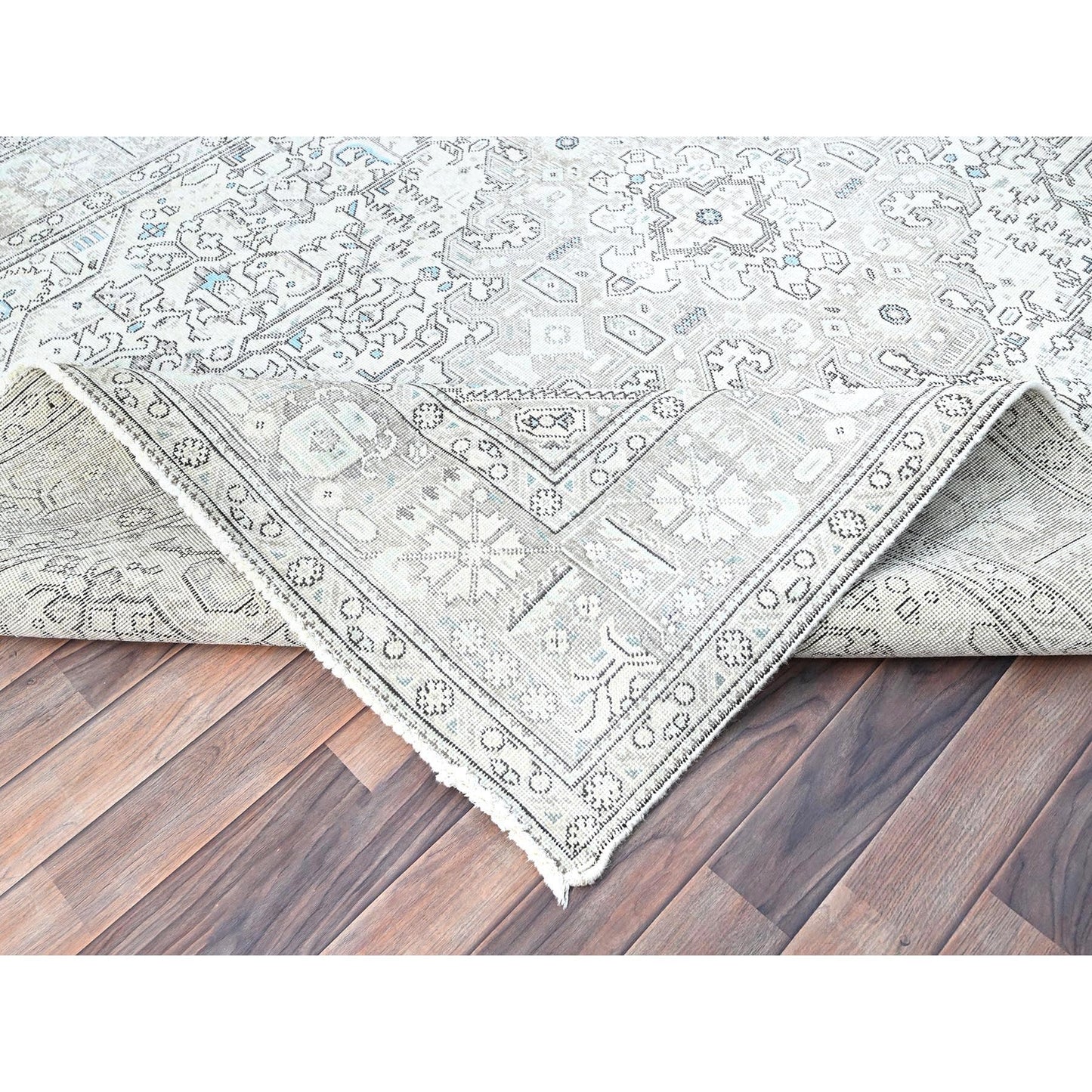 6'5"X9'1" Ivory Zoroastrian Secured Distressed Oriental Wool Rug