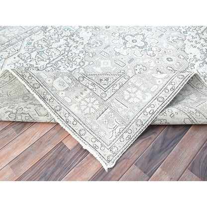 6'5"X9'1" Ivory Zoroastrian Secured Distressed Oriental Wool Rug