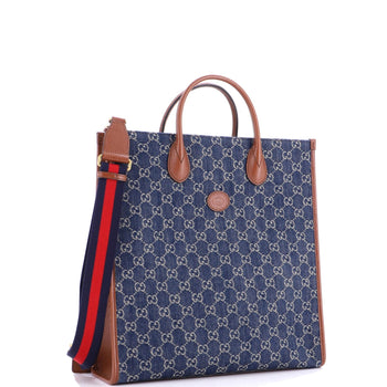 Gucci Interlocking G Patch Web Strap Convertible Tote Gg Denim Tall