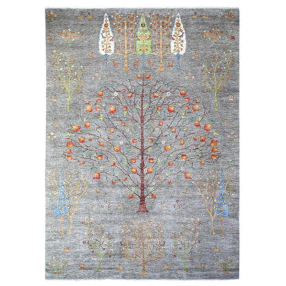 10'X13'10" Screen Gray Wool Hand Knotted Folk Art Willow Cypress Tree Rug