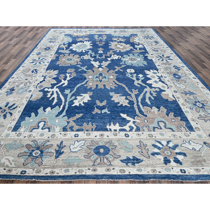 10'4"X13'6" Blue Afghan Oushak All Over Leaf Design Wool Hand Knotted Rug